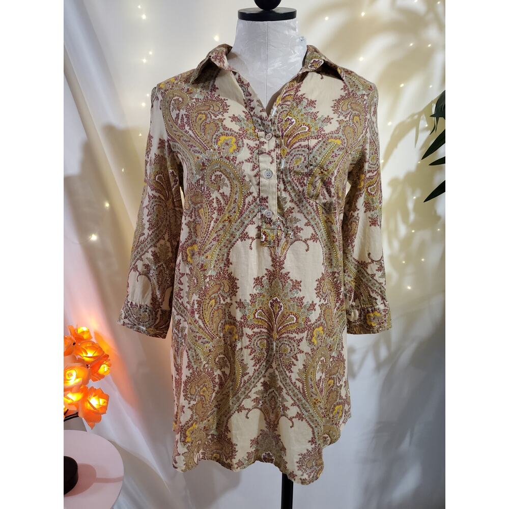 Anthropologie Ellison Womens Paisley Boho Shell Button Tunic Top Size S Earthy